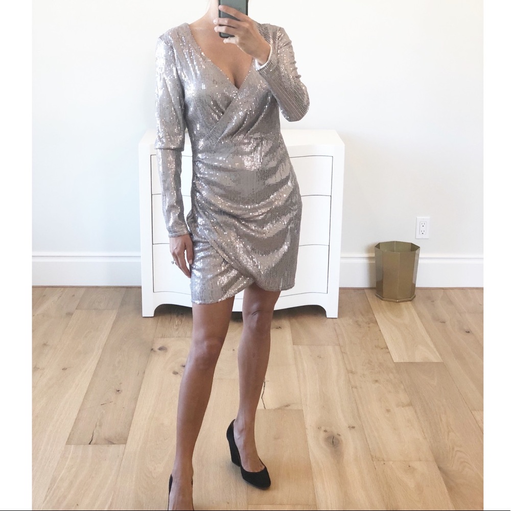 LAST 1! Silver Long Sleeve Sequin Surplice Dress S - Picture 4 of 8